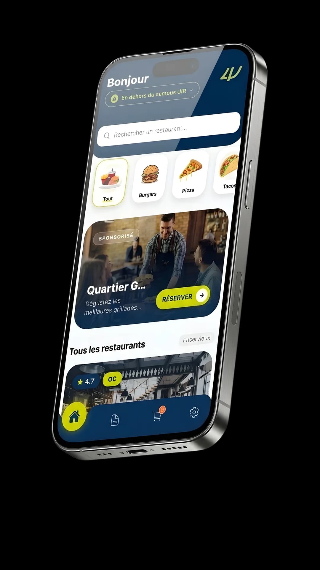 The Forlik app showing campus restaurants available for delivery