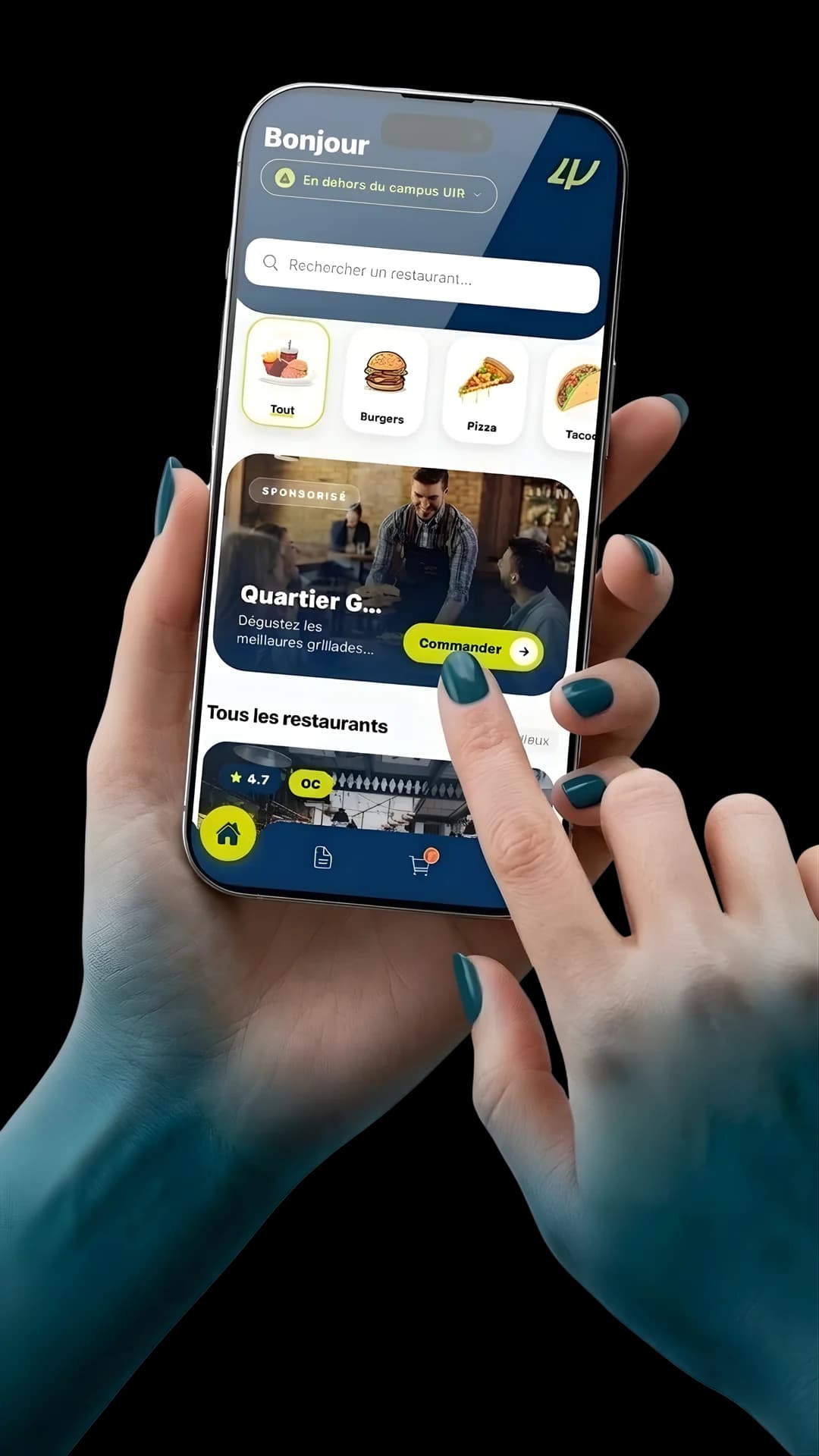 L'application Forlik affichant les cuisines partenaires du campus prêtes à commander