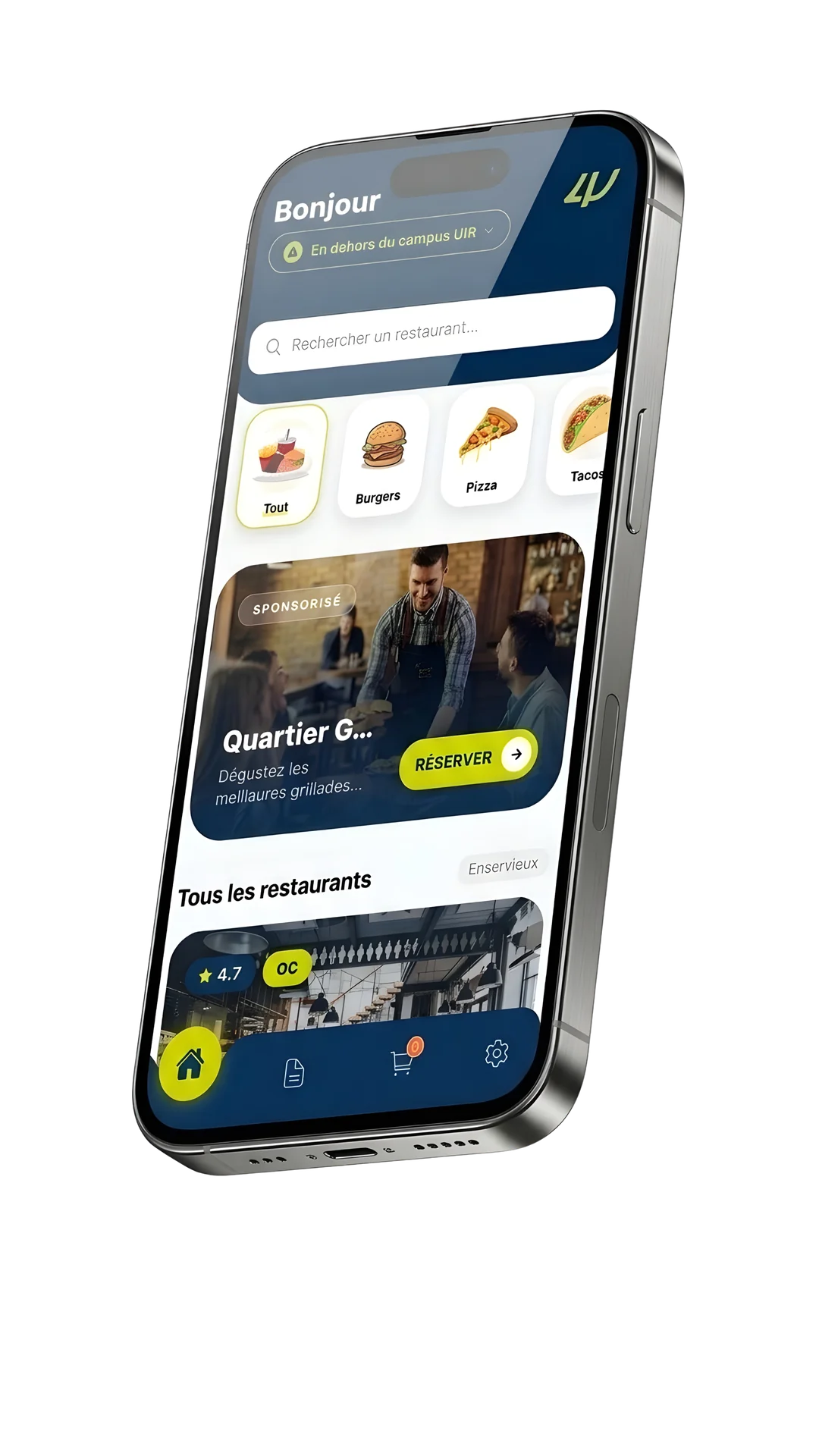 L'application Forlik affichant les cuisines du campus prêtes à commander
